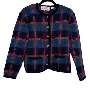 Vintage TALLY-HO Cardigan Sweater Coatigan Tartan Plaid Holiday Size Medium M